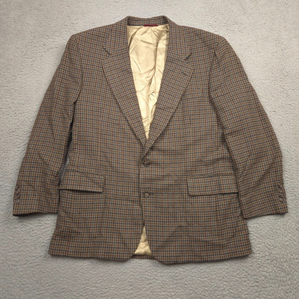 Jos A Bank Sport Coat Men 44R 100% Pure Wool Plaid Brown Made in USA Blazer